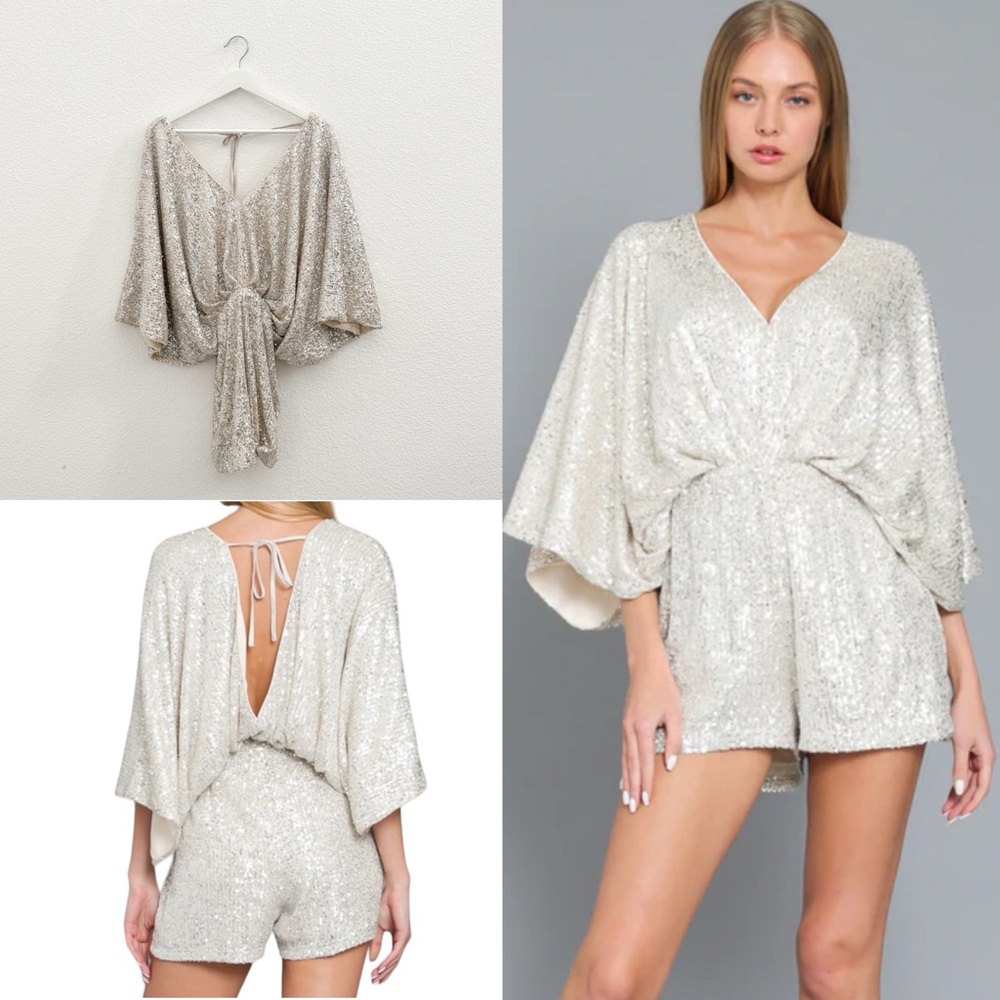 Champagne Sequin Kimono Sleeve Romper | Open Back Tie | Party Cocktail (S)